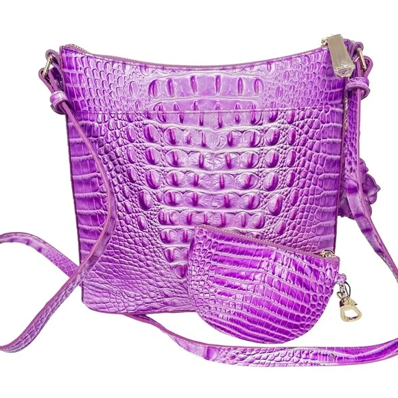 Brahmin Lilac Essence Croc-Embossed Katie w/ Flower Duo Charm & Britt Pouch